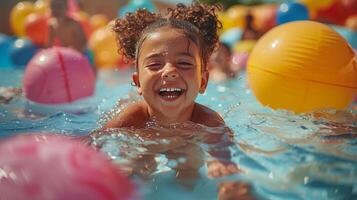 ai generado niños jugando en un nadando piscina foto