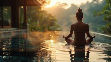 AI generated Woman Sitting in Pool at Sunset photo