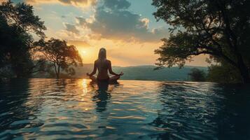 AI generated Woman Sitting in Pool at Sunset photo