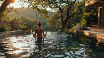 AI generated Woman Sitting in Pool at Sunset photo