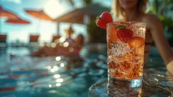 AI generated Woman Sitting by Pool With Drink photo