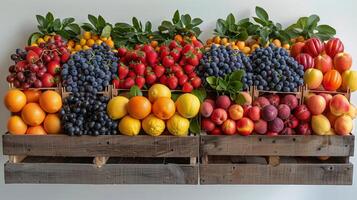 ai generado de madera caja lleno con varios tipos de Fruta foto