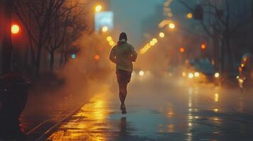 ai generado persona corriendo en el lluvia a noche foto