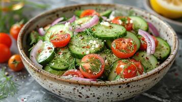 AI generated Plate of Cucumber and Tomato Salad photo