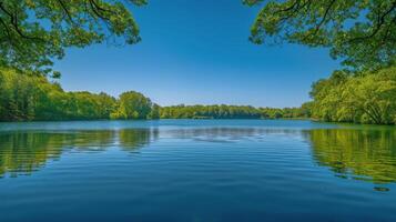 ai generado grande cuerpo de agua rodeado por arboles foto