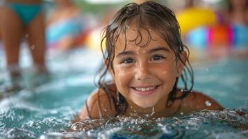AI generated Young Girl Smiles Swimming in Pool photo