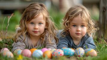 AI generated Two Little Girls Laying in Grass With Arms Around Each Other photo