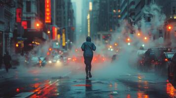 ai generado persona corriendo en el lluvia a noche foto