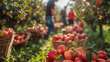 ai generado hombre y mujer cosecha manzanas desde árbol foto