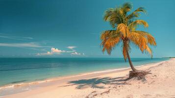 AI generated Palm Tree on Beach With Ocean Background photo