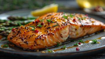 AI generated Salmon and Asparagus on Plate photo