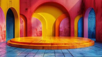 AI generated Brightly Colored Room With Circular Bench photo