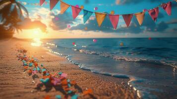 AI generated Beach Scene With Bunting Flags and Sun in Background photo