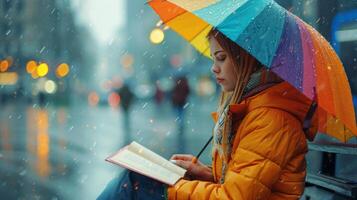 AI generated Woman Sitting on Bench in Rain With Umbrella photo