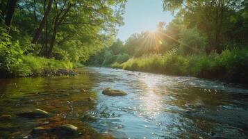 ai generado Dom brillante terminado río en bosque foto