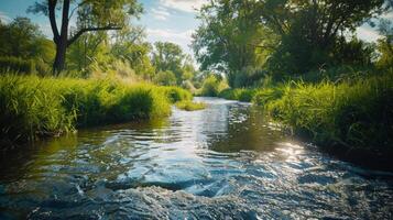 AI generated Sun Shining Over River in Woods photo