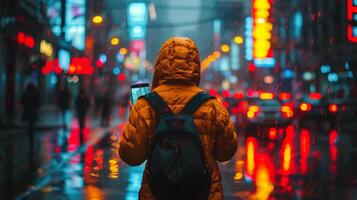 AI generated Person Walking Down a Rainy Street photo