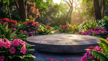 AI generated Vibrant Garden With Abundant Flowers and Trees photo