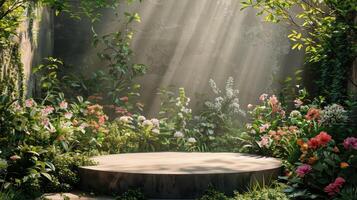 AI generated Stone Bench Surrounded by Flowers and Trees photo
