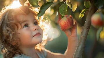 AI generated Little Girl Picking an Apple From a Tree photo