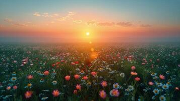 AI generated Sun Setting Over Wildflower Field photo
