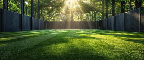 AI generated a synthetic grass soccer field with sun streaming through its trees photo