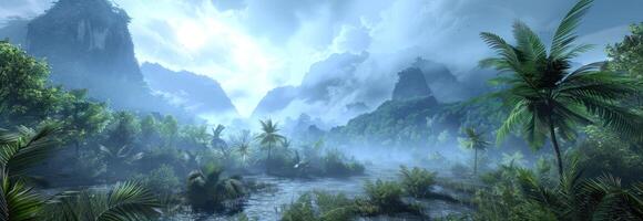 AI generated a tropical tropical rainforest with fog, mountainous vistas photo