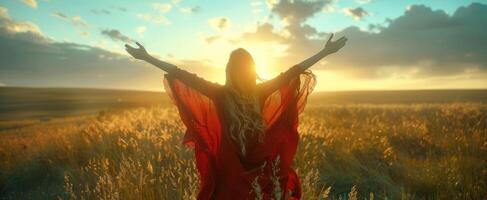 AI generated a woman with a red cape is standing on a field and holding up her hands photo
