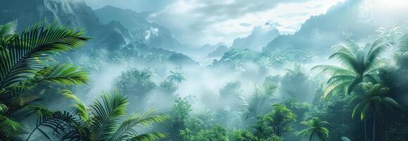 AI generated a tropical tropical rainforest with fog, mountainous vistas photo