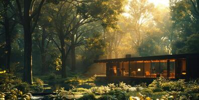 ai generado un negro moderno cabina en el bosque foto