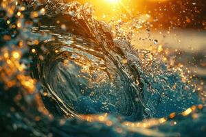 AI generated a close up of an ocean wave with the sun shining above it photo