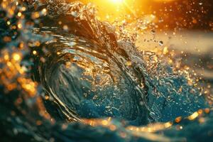 AI generated a close up of an ocean wave with the sun shining above it photo