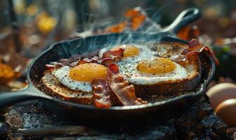 AI generated a skillet showing bacon, eggs and toast photo