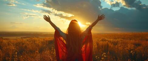 AI generated a woman with a red cape is standing on a field and holding up her hands photo