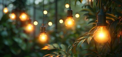 ai generado un cuerda de luces son colgando en un árbol foto