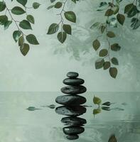 ai generado un grande apilar de negro piedras refleja agua con hojas foto