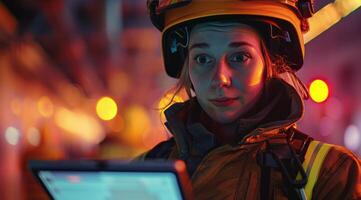 AI generated a firefighter looks at a tablet computer while working at a factory photo