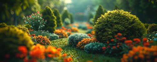 AI generated a garden with many beautiful shrubs and trees photo