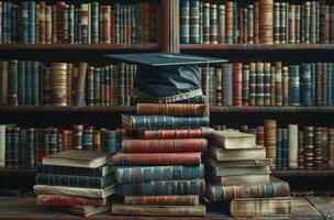 AI generated a graduation cap is grouped with books next to a bookshelf photo