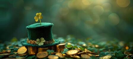 AI generated a friday cloak hat, gold coins and a clover hat on green background photo