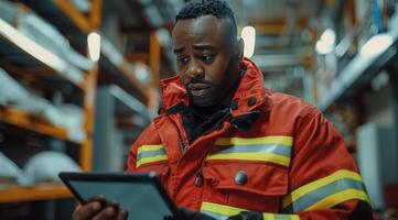 AI generated a firefighter looks at a tablet computer while working at a factory photo