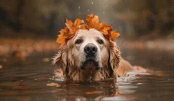 ai generado un dorado perdiguero vistiendo un otoño hoja corona en agua foto