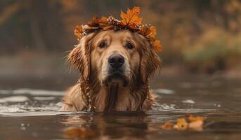 ai generado un dorado perdiguero vistiendo un otoño hoja corona en agua foto