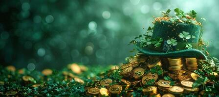 AI generated a friday cloak hat, gold coins and a clover hat on green background photo
