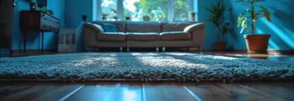 AI generated an area rug in front of the couch, coffee table and tabletop photo