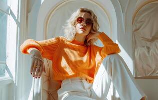 AI generated A woman sitting on a chair in an orange sweater and white pants photo