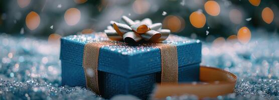 AI generated a blue gift box that has a golden ribbon tied to it in blue and gold photo