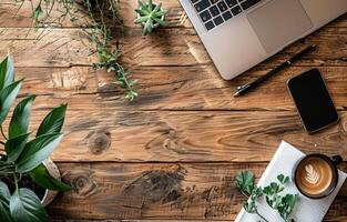 AI generated a laptop, smartphone, coffee and a notebook on a wooden table photo