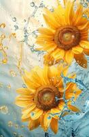 AI generated a yellow sunflowers painting with splatters and water splashed on it photo