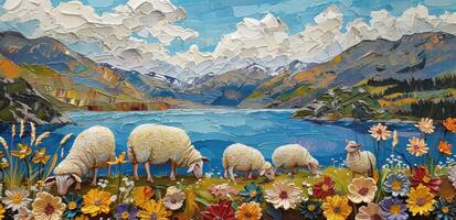 AI generated a painting of sheep grazing on the hills beside the lake with flowers in the background photo